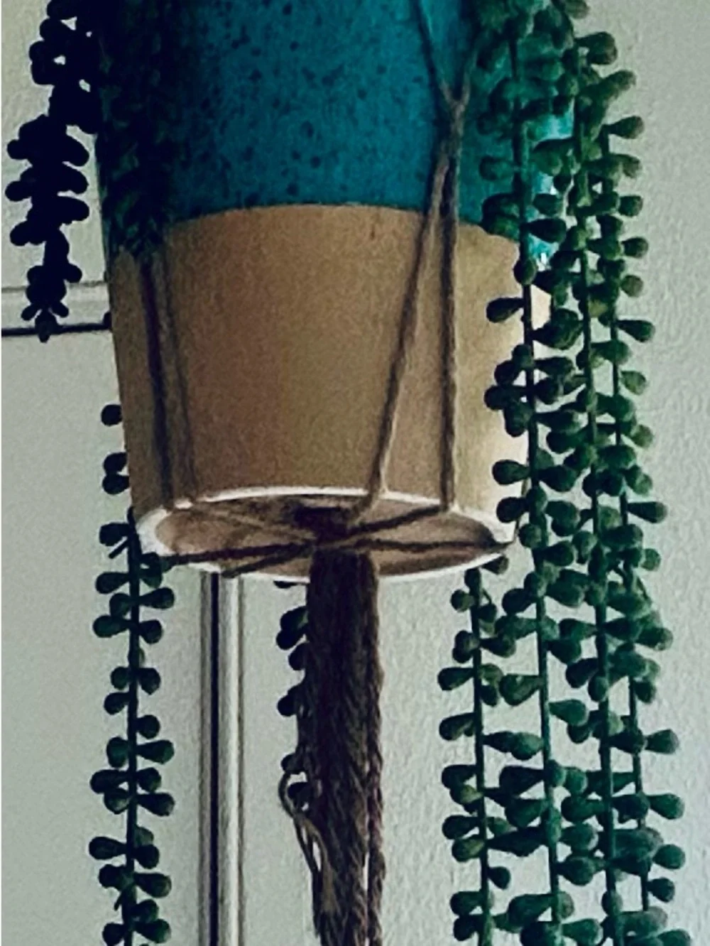 Boho Hanging Planter – Teal & Tan Ceramic Pot with Faux String artificial plant.